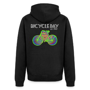 Bicycle Day LSD 1943 Albert Hofmann - Unisex Premium Bio Zip Hoodie - Schwarz - Hinten - Nico (187cm)