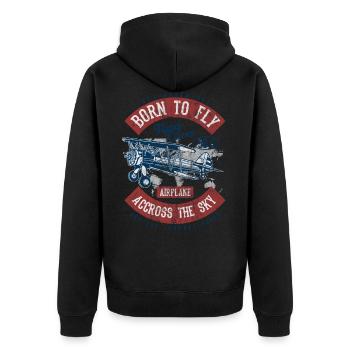 BORN TO FLY - Vintage Airplane Flugzeug Shirt - Unisex Premium Bio Zip Hoodie - Schwarz - Hinten - Nico (187cm)