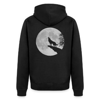 Werwolf Wolf heulen Mond Vollmond Klippe Felsen - Unisex Premium Bio Zip Hoodie - Schwarz - Hinten - Nico (187cm)