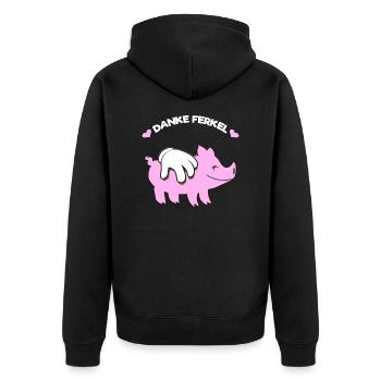 Danke Ferkel Fun Shirt Hoodie - Unisex Premium Bio Zip Hoodie - Schwarz - Hinten - Nico (187cm)