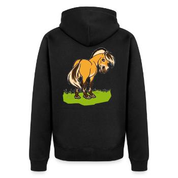 Freundliches Fjordpferd (Ohne Text) Weisse Umrisse - Unisex Premium Bio Zip Hoodie - Schwarz - Hinten - Nico (187cm)