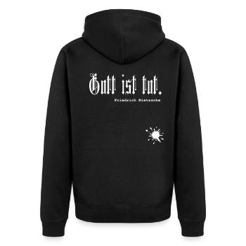 Gott ist tot. Nietzsche - Unisex Premium Bio Zip Hoodie - Schwarz - Hinten - Nico (187cm)