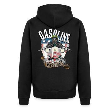 Gasoline Passion, old school, Biker, Motorrad - Unisex Premium Bio Zip Hoodie - Schwarz - Hinten - Nico (187cm)