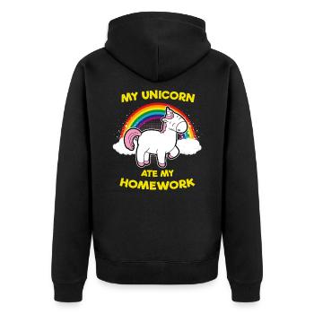 Unicorn homework eats kids gift idea - Unisex Premium Organic Zip Hoodie - black - Back - Nico (187cm)