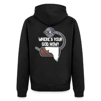 Wo ist dein Gott? - Unisex Premium Bio Zip Hoodie - Schwarz - Hinten - Nico (187cm)