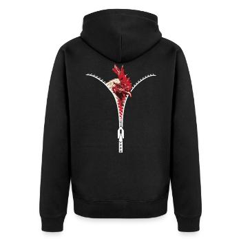 Chicken, Hahn Huhn Reißverschluss - Unisex Premium Bio Zip Hoodie - Schwarz - Hinten - Nico (187cm)