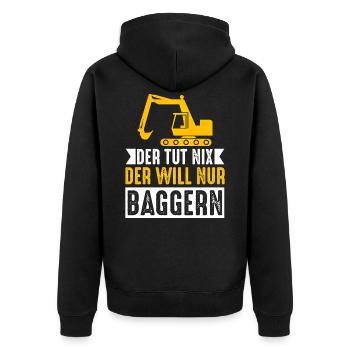 Baggerfahrer T-Shirt - Der tut nix der will nur - Unisex Premium Bio Zip Hoodie - Schwarz - Hinten - Nico (187cm)