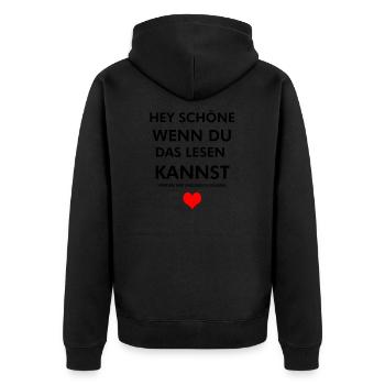 Hey Schöne! lustiger frecher Spruch 2019 MALLE - Unisex Premium Bio Zip Hoodie - Schwarz - Hinten - Nico (187cm)