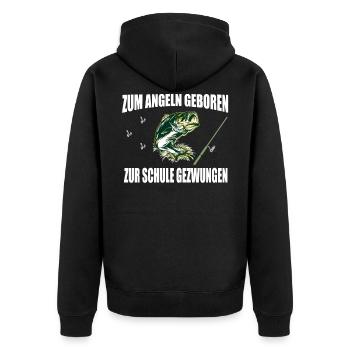 Angeln ZUM ANGELN GEBOREN ZUR SCHULE GEZWUNGEN - Unisex Premium Bio Zip Hoodie - Schwarz - Hinten - Nico (187cm)