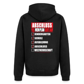 Ausbildung ABSCHLUSS Berufsabschluss Azubi Geselle - Unisex Premium Bio Zip Hoodie - Schwarz - Hinten - Nico (187cm)