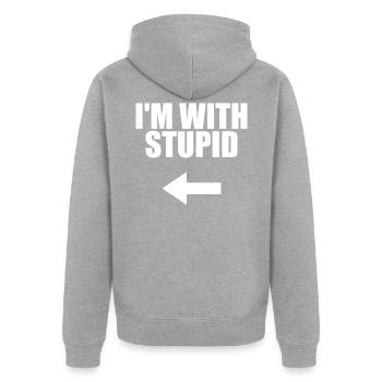 Dans la flèche avec stupid gauche des phrases drôles stupides - Veste à capuche bio Premium Unisexe - gris chiné - Dos - Nico (187cm)
