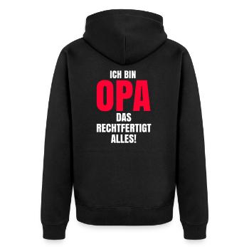 Ich bin Opa das rechtfertigt alles - Unisex Premium Bio Zip Hoodie - Schwarz - Hinten - Nico (187cm)