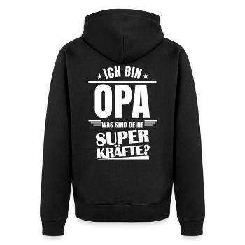 Ich bin Opa was sind deine Superkräfte - Unisex Premium Bio Zip Hoodie - Schwarz - Hinten - Nico (187cm)