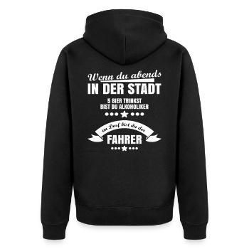Alkoholiker oder Fahrer - Unisex Premium Bio Zip Hoodie - Schwarz - Hinten - Nico (187cm)