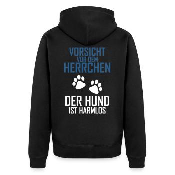 Vorsicht vor dem Herrchen - Unisex Premium Bio Zip Hoodie - Schwarz - Hinten - Nico (187cm)