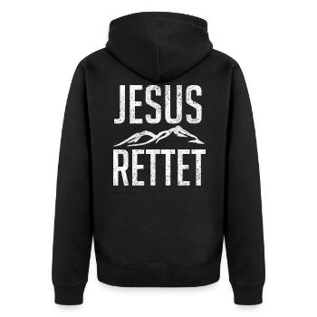 Jesus rettet - Unisex Premium Bio Zip Hoodie - Schwarz - Hinten - Nico (187cm)