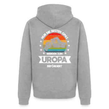 Uropa Geschenk - Unisex Premium Bio Zip Hoodie - Grau meliert - Hinten - Nico (187cm)