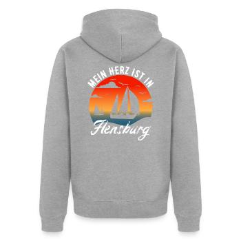 Flensburger Förde | Flensburg Geschenk - Unisex Premium Bio Zip Hoodie - Grau meliert - Hinten - Nico (187cm)
