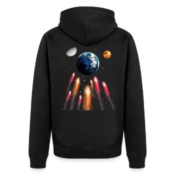 Weltraum - Unisex Premium Bio Zip Hoodie - Schwarz - Hinten - Nico (187cm)