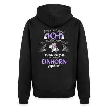 Einhörner Unicorn Verrückt - Unisex Premium Bio Zip Hoodie - Schwarz - Hinten - Nico (187cm)