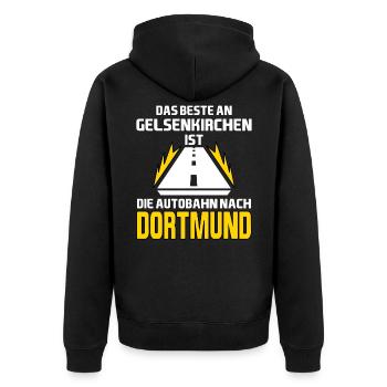 Dortmund: Das beste an Gelsenkirchen Motiv - Unisex Premium Bio Zip Hoodie - Schwarz - Hinten - Nico (187cm)
