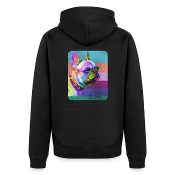 Französiche Bulldogge Bunte Zeichnung - Unisex Premium Bio Zip Hoodie - Schwarz - Hinten - Nico (187cm)