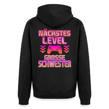 Nächstes Level ich werde große Schwester - Unisex Premium Bio Zip Hoodie - Schwarz - Hinten - Nico (187cm)
