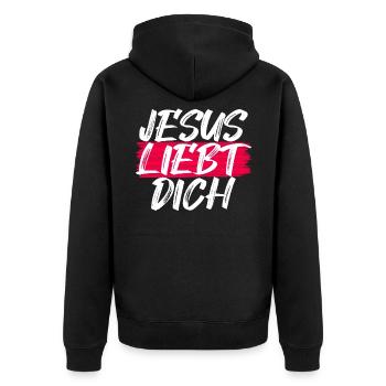 Jesus liebt dich Geschenk - Unisex Premium Bio Zip Hoodie - Schwarz - Hinten - Nico (187cm)
