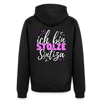 Sinti Herkunft - Ich bin stolze Sintiza Geschenk - Unisex Premium Bio Zip Hoodie - Schwarz - Hinten - Nico (187cm)
