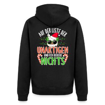 Auf der Liste der Unartigen und ich bereue nichts - Unisex Premium Bio Zip Hoodie - Schwarz - Hinten - Nico (187cm)