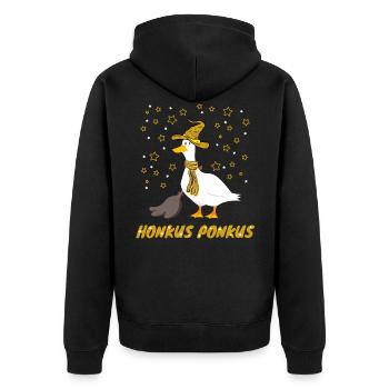 Honkus Ponkus Funny Goose - Unisex Premium Organic Zip Hoodie - black - Back - Nico (187cm)