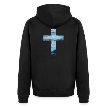 Lebendiges Wasser Christliches Kreuz - Unisex Premium Bio Zip Hoodie - Schwarz - Hinten - Nico (187cm)