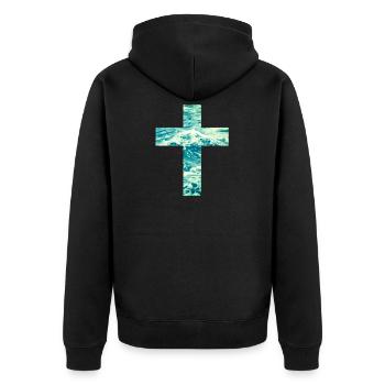 Living Water Christian Cross - Unisex Premium Bio Zip Hoodie - Schwarz - Hinten - Nico (187cm)