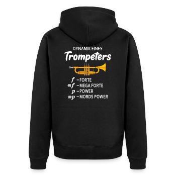 Dynamik eines Trompeters Lustiger Trompeten Spruch - Unisex Premium Bio Zip Hoodie - Schwarz - Hinten - Nico (187cm)