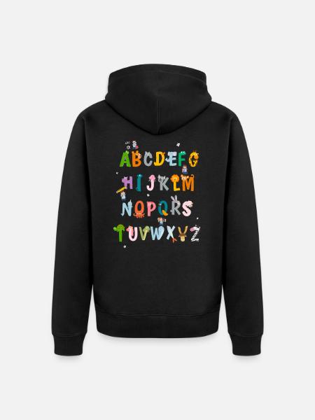 ABC Tiere Dinge Buntes Motive für Schulkinder - Unisex Premium Bio Zip Hoodie - Schwarz