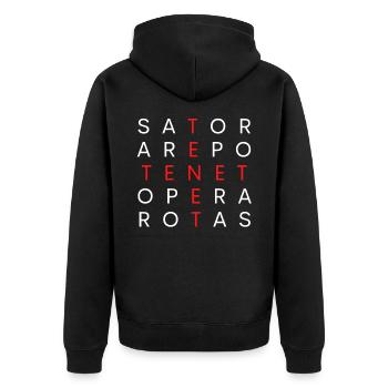 Idée cadeau palindrome phrase carrée Tenet Sator - Veste à capuche bio Premium Unisexe - noir - Dos - Nico (187cm)