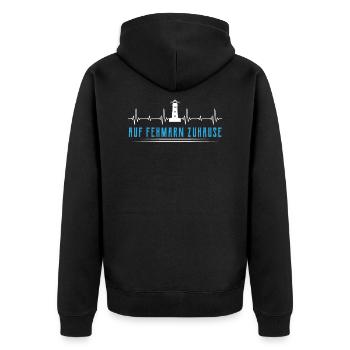 Fehmarn Ostsee Spruch Leuchtturm Herzschlag - Unisex Premium Bio Zip Hoodie - Schwarz - Hinten - Nico (187cm)