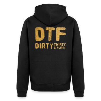 Dirty Thirty Flirty DTF 30. Geburtstag - Unisex Premium Bio Zip Hoodie - Schwarz - Hinten - Nico (187cm)