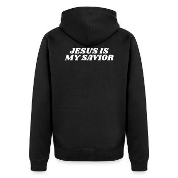 Jesus ist mein Retter - christliche Zitate - Unisex Premium Bio Zip Hoodie - Schwarz - Hinten - Nico (187cm)