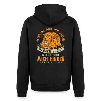 Jesus Löwe von Juda Bibelvers Jeremia 29:13 - Unisex Premium Bio Zip Hoodie - Schwarz - Hinten - Nico (187cm)