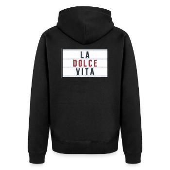LA DOLCE VITA - RED - Unisex Premium Bio Zip Hoodie - Schwarz - Hinten - Nico (187cm)