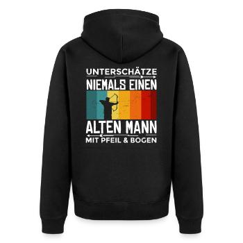 Unterschätze niemals einen Mann mit Pfeil & Bogen - Unisex Premium Bio Zip Hoodie - Schwarz - Hinten - Nico (187cm)