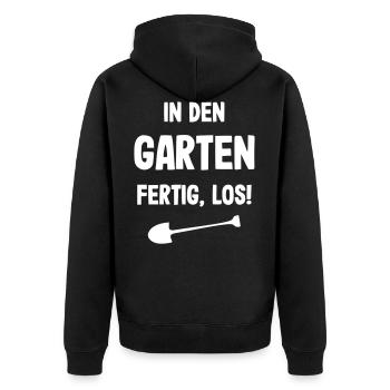 In den Garten fertig los - Unisex Premium Bio Zip Hoodie - Schwarz - Hinten - Nico (187cm)