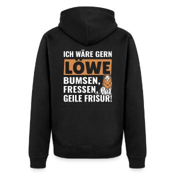 Ich wäre gern Löwe bumsen, fressen, geile Frisur - Unisex Premium Bio Zip Hoodie - Schwarz - Hinten - Nico (187cm)