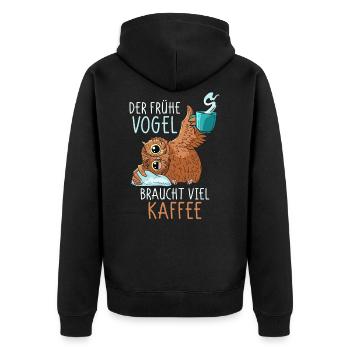 Kaffee Eule Kaffeetrinker Koffein lustiger Spruch - Unisex Premium Bio Zip Hoodie - Schwarz - Hinten - Nico (187cm)