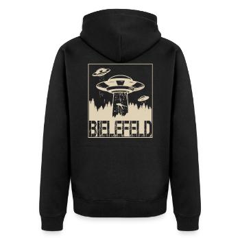 Bielefeld Verschwörung OWL Bielefeld Sprüche - Unisex Premium Bio Zip Hoodie - Schwarz - Hinten - Nico (187cm)