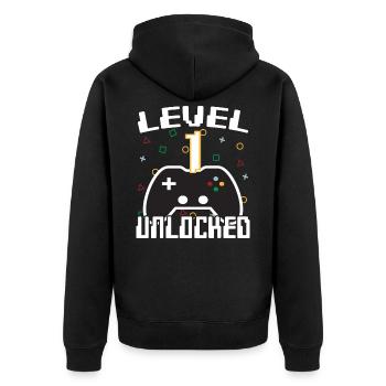 Level 1 unlocked Gamer Gift Idea - Unisex Premium Organic Zip Hoodie - black - Back - Nico (187cm)