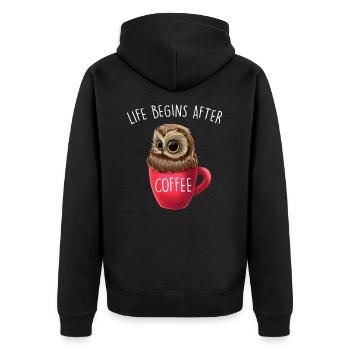 Life Begins After Coffee Lustiger Eule Spruch Owl - Unisex Premium Bio Zip Hoodie - Schwarz - Hinten - Nico (187cm)