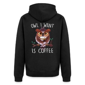Owl I Want Is Coffee Lustiger Kaffee Eule Spruch O - Unisex Premium Bio Zip Hoodie - Schwarz - Hinten - Nico (187cm)