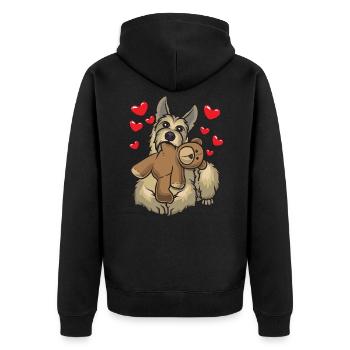 Berger de Picardie Hund mit Stofftier - Unisex Premium Bio Zip Hoodie - Schwarz - Hinten - Nico (187cm)